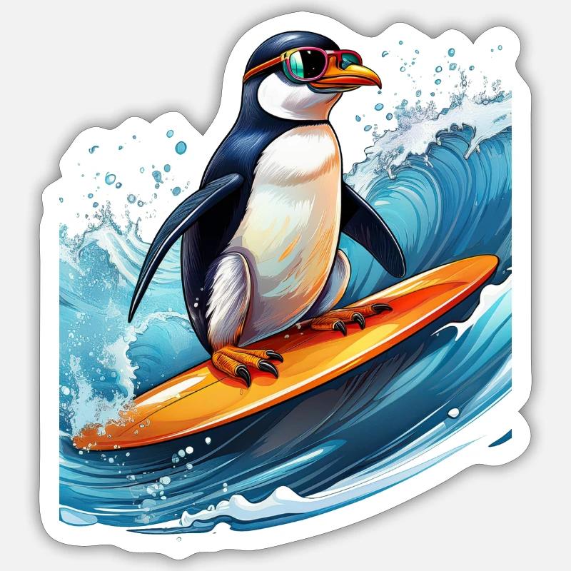 A penguin on a surfboard - Sticker size S (10 x 10 cm) - white matte