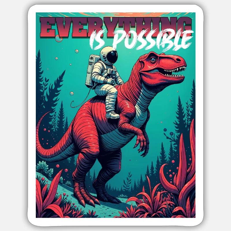 Astronaut reitet T-Rex – "Everything is Possible" Sticker Größe S (10 x 10 cm)