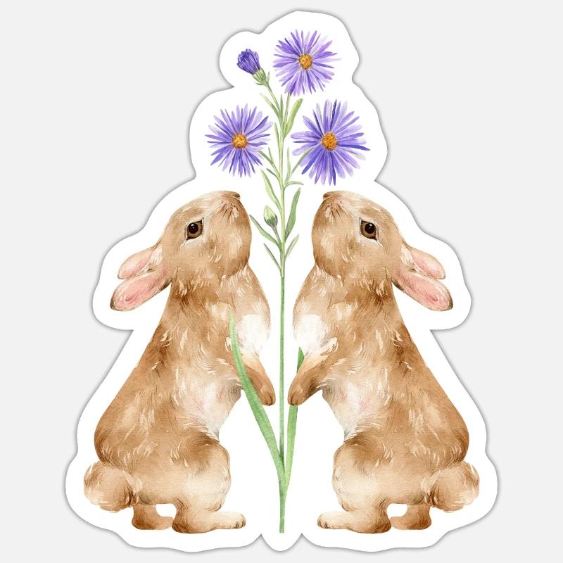 Deux mignons lapins avec des fleurs Sticker taille S (10 x 10 cm)