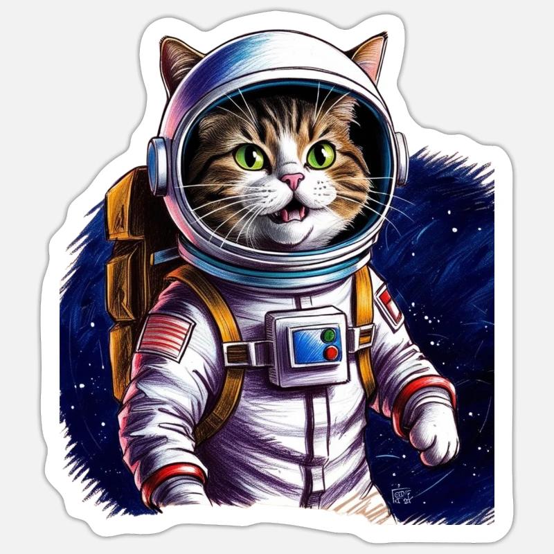 Chat astronaute Cadeau Espace - Sticker taille S (10 x 10 cm) - blanc mat