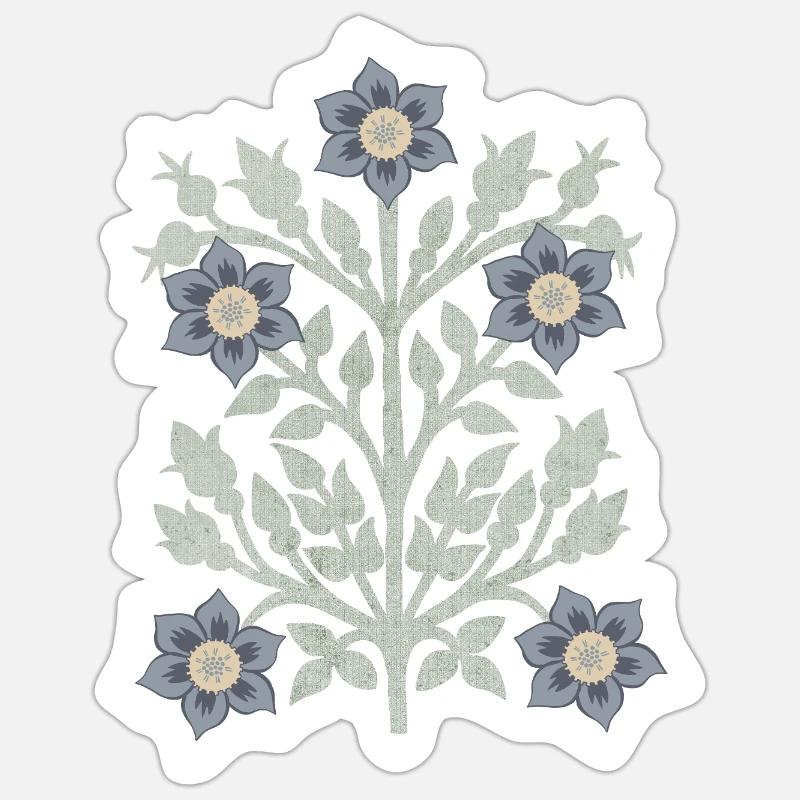 Vintage Blossoms bloc impression gris bleu et gris vert - Sticker taille S (10 x 10 cm) - blanc mat