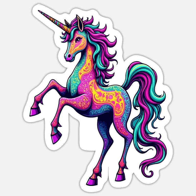Psychedelisches Neon-Einhorn – Buntes Fantasy-Pferd - Sticker Größe S (10 x 10 cm) - Mattweiß