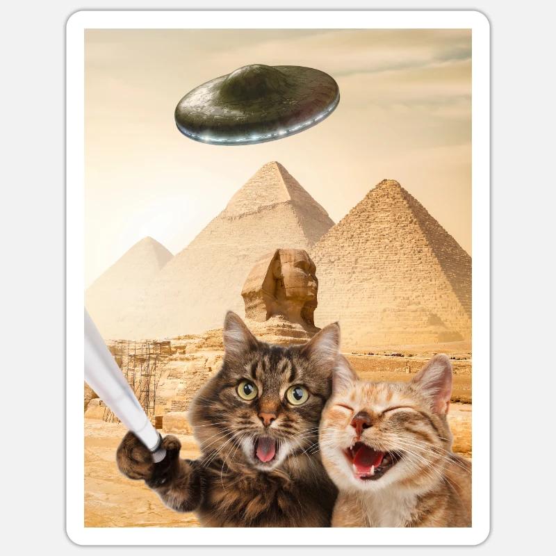 Cat & Pyramid Space Adventure - UFOs - Sticker Größe S (10 x 10 cm) - Mattweiß