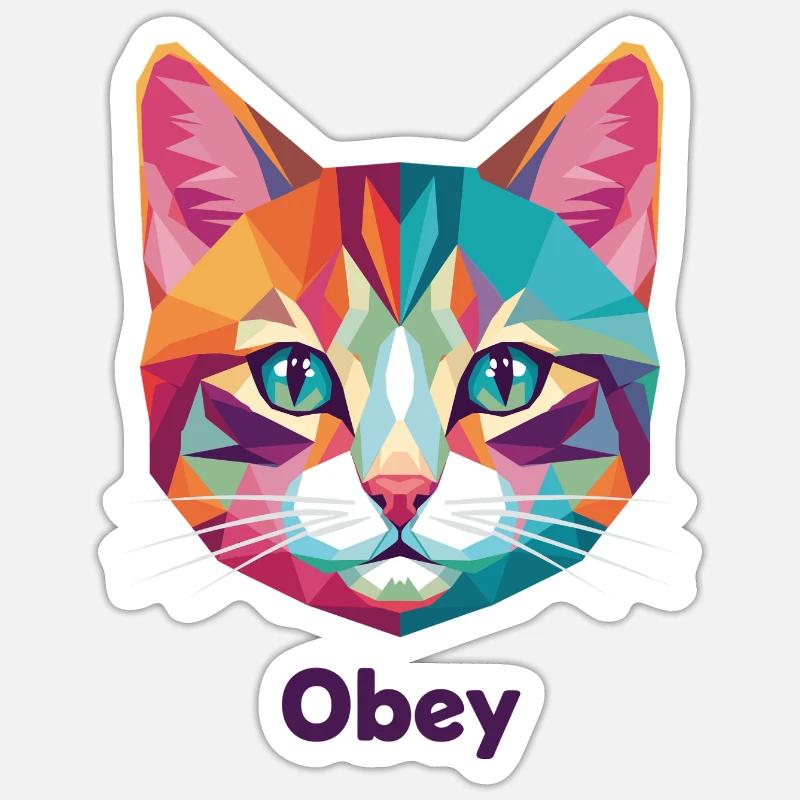 Tête de chat géométrique avec texte Obey - Sticker taille S (10 x 10 cm) - blanc mat