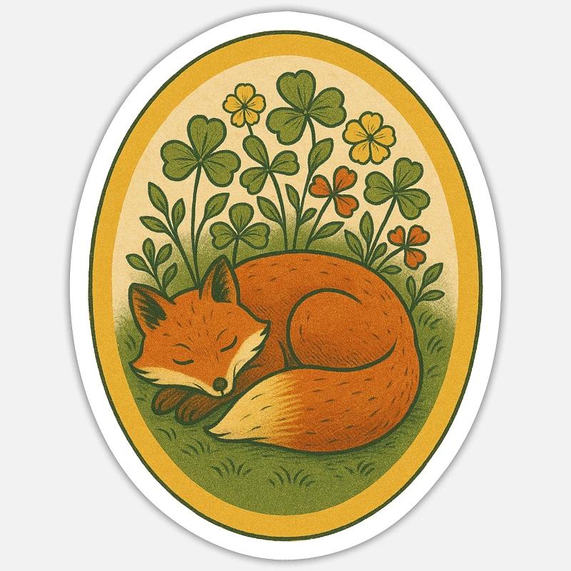 Sleeping Fox Amidst Four Leaf Clovers - Sticker size S (10 x 10 cm) - white matte