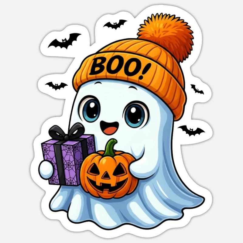 Fantôme d’Halloween mignon avec citrouille - Sticker taille S (10 x 10 cm) - blanc mat
