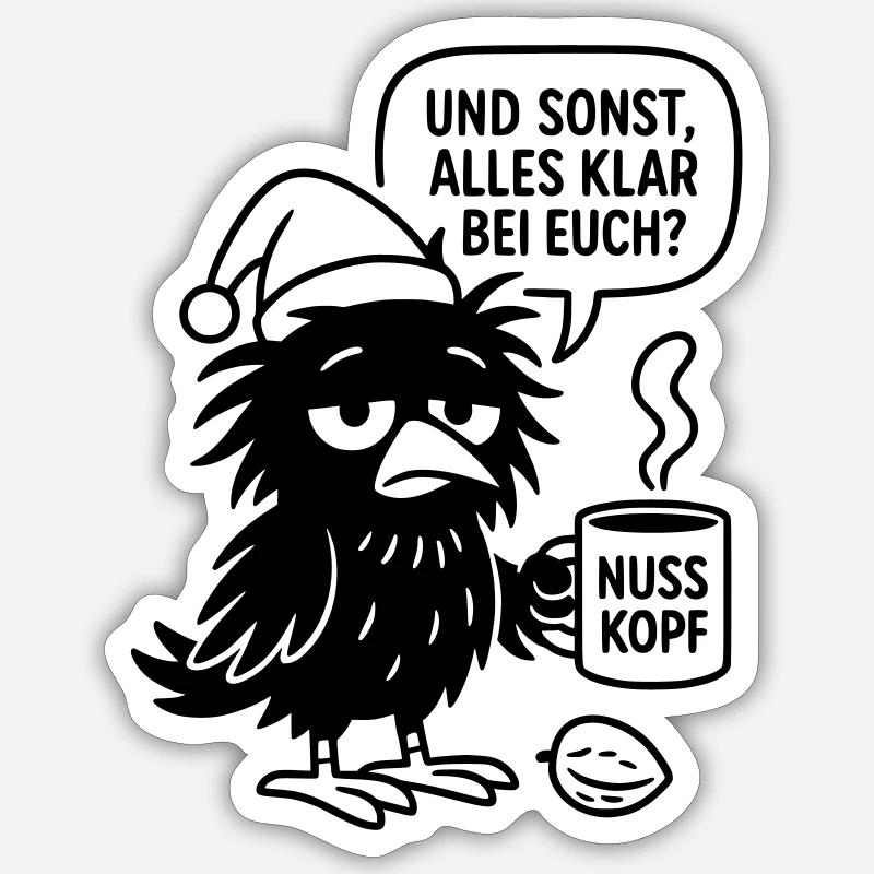 Cute Raven with Cup and Speech Bubble Sticker size S (10 x 10 cm)