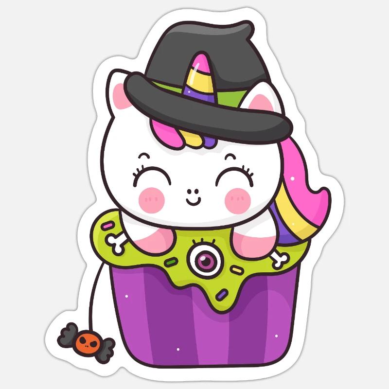 Kawaii Cupcake Sorcière Chat - Sticker taille S (10 x 10 cm) - blanc mat