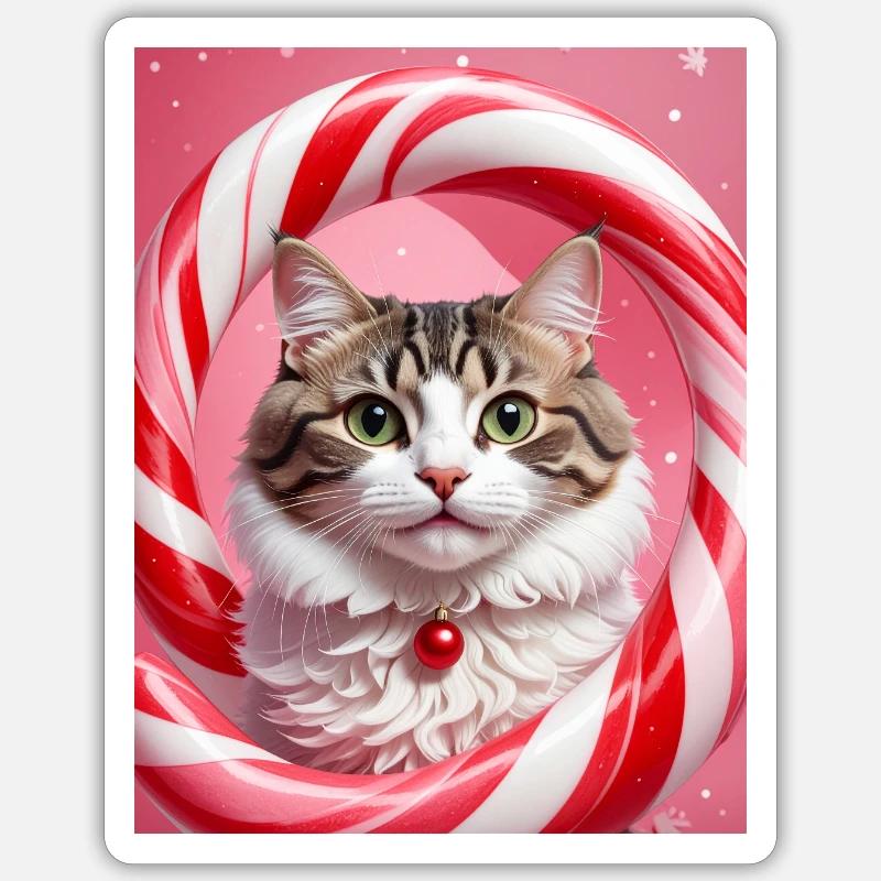 Weihnachtskatze im Süßigkeiten-Ring-Design - Sticker Größe S (10 x 10 cm) - Mattweiß