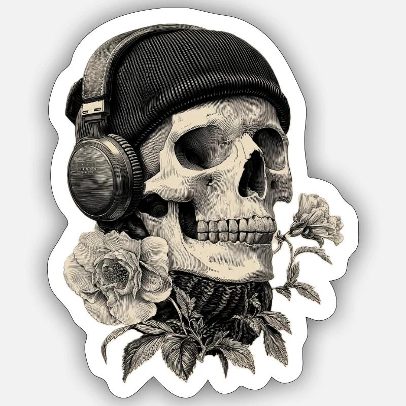 Crâne avec casque et rose Sticker taille S (10 x 10 cm)