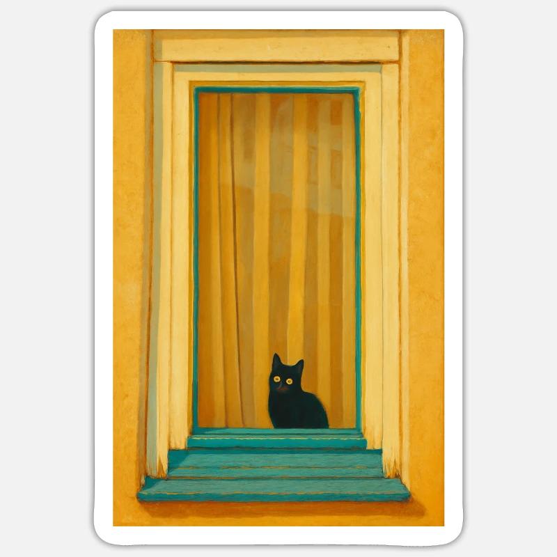 Cat in Turquoise Window Frame - Sticker size S (10 x 10 cm) - white matte