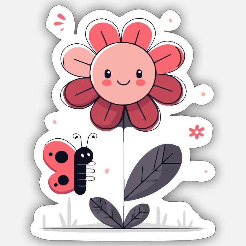 Fleur avec papillon - Sticker taille S (10 x 10 cm) - blanc mat