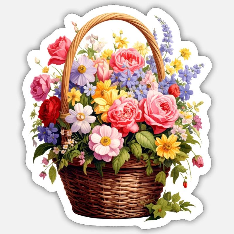 Wicker basket with spring flowers - Sticker size S (10 x 10 cm) - white matte