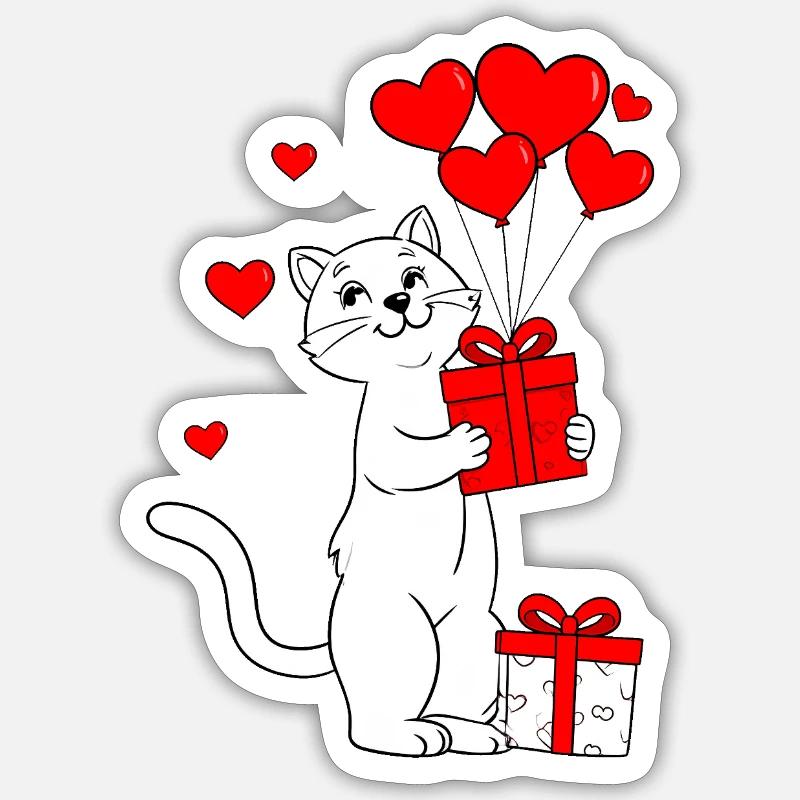Chat à la Saint-Valentin - Sticker taille S (10 x 10 cm) - blanc mat