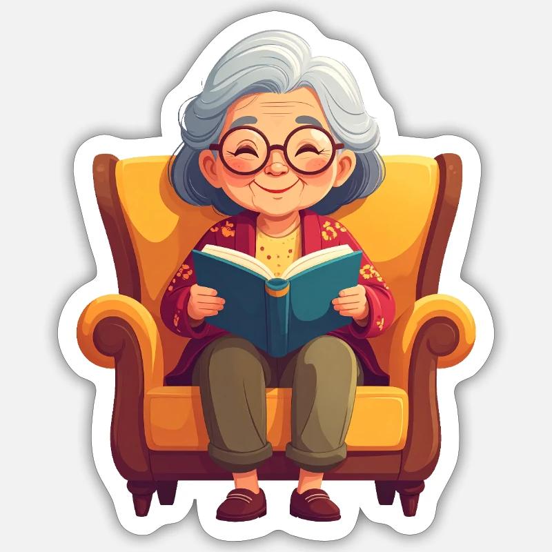 Oma sitzt im Sessel und liest ein Buch Sticker Größe S (10 x 10 cm)