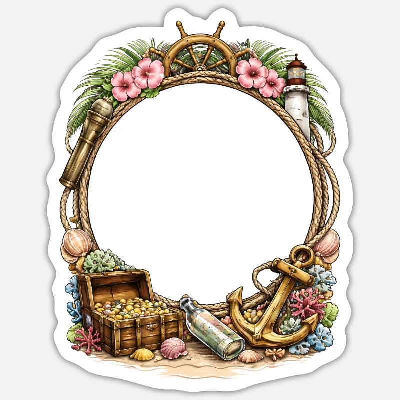 Maritimer Rahmen mit Schatz und Anker - Sticker Größe S (10 x 10 cm) - Mattweiß