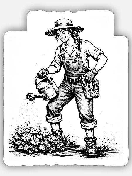 Gärtnerin beim Blumen gießen – Vintage Illustratio - Sticker Größe S (10 x 10 cm) - Mattweiß