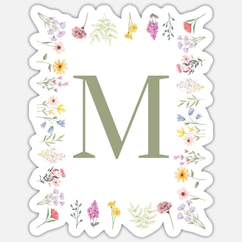 Monogramme floral initial M - Sticker taille S (10 x 10 cm) - blanc mat