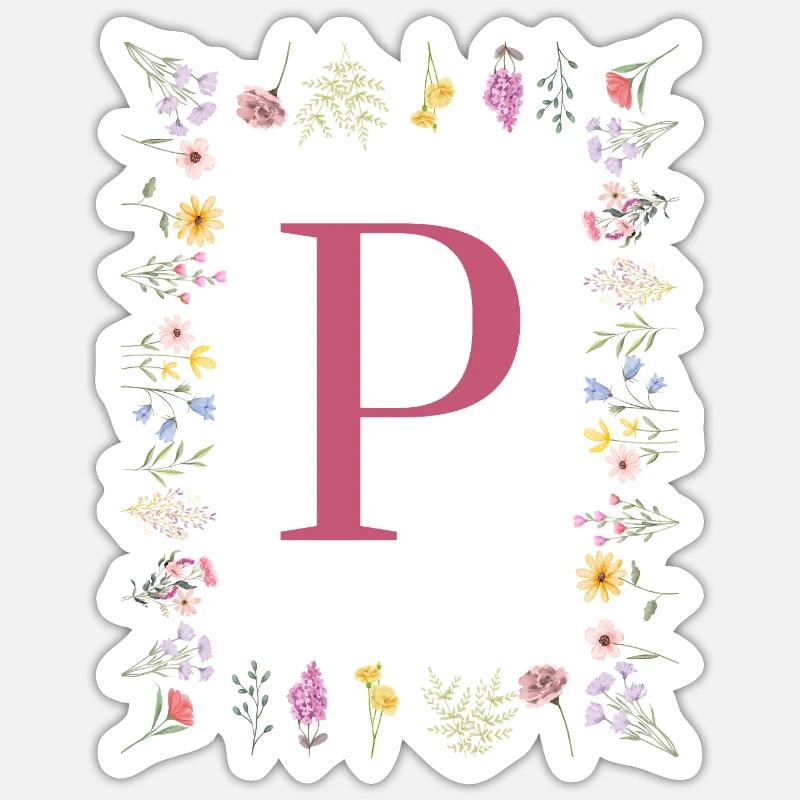 Floral initials "P", letters monogram - Sticker size S (10 x 10 cm) - white matte