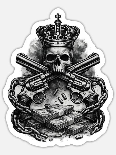 Kronenkopf mit Gewehren und Geld - Sticker Größe S (10 x 10 cm) - Mattweiß