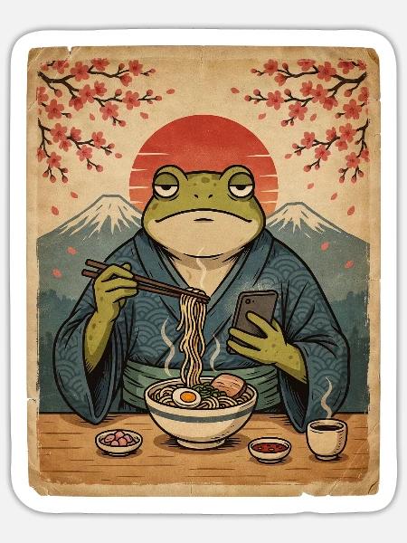 Frosch im Kimono-Nudel-Sonnenuntergang - Sticker Größe S (10 x 10 cm) - Mattweiß