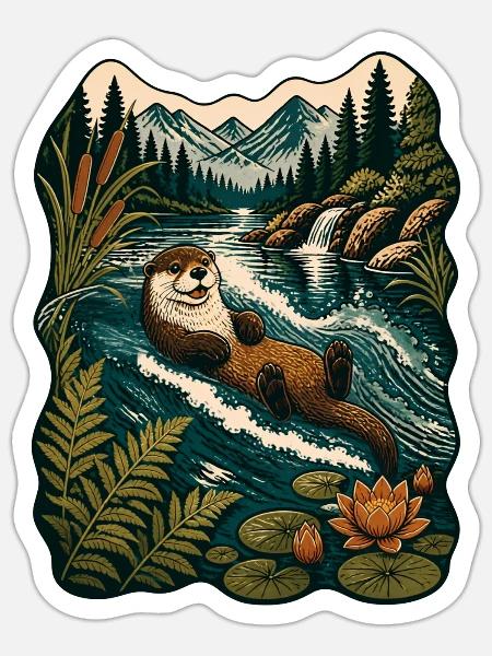Otter im Waldfluss - Sticker Größe S (10 x 10 cm) - Mattweiß
