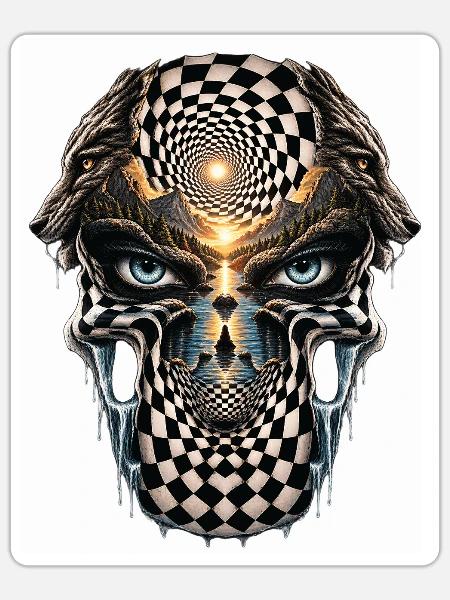 Surreales Schädelgesicht mit Spiegelmuster - Sticker Größe S (10 x 10 cm) - Mattweiß