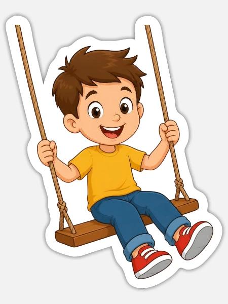 Cartoon-Junge auf gelber Schaukel - Sticker Größe S (10 x 10 cm) - Mattweiß
