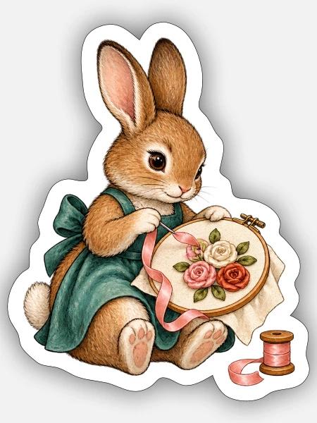 Kaninchen stickt mit Seidenband - Sticker Größe S (10 x 10 cm) - Mattweiß