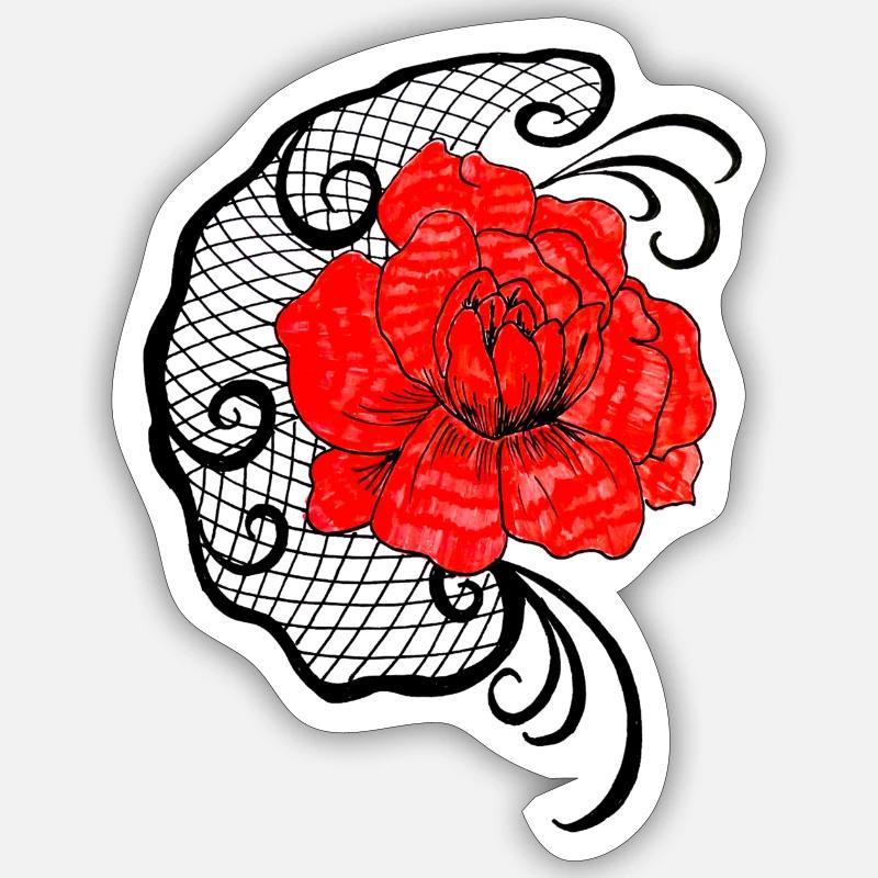 Red flower in net pattern Sticker size S (10 x 10 cm)