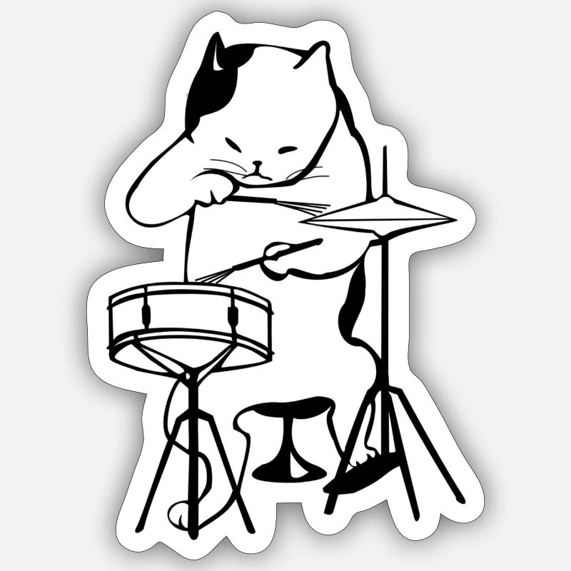 Batteur Chat, batterie chat - Sticker taille S (10 x 10 cm) - blanc mat