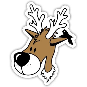 lustiges Comic Rentier mit Vogel auf dem Ohr - Sticker Größe S (10 x 10 cm) - Mattweiß - Vorne