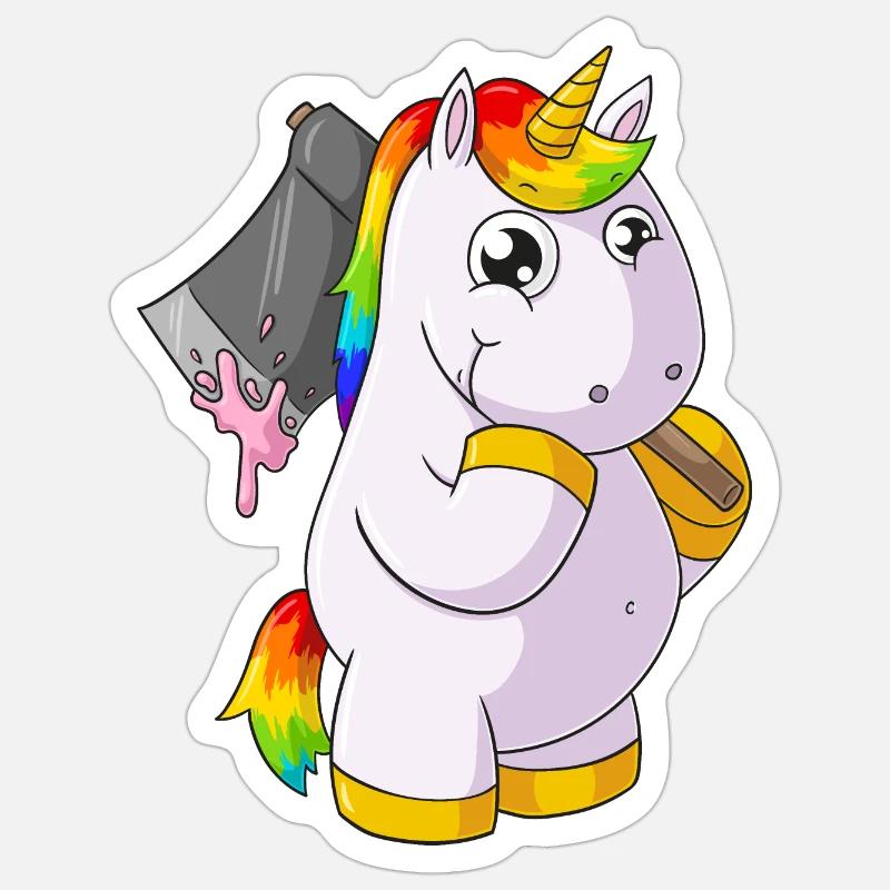 Comic Einhorn mit Axt Sticker Größe S (10 x 10 cm)