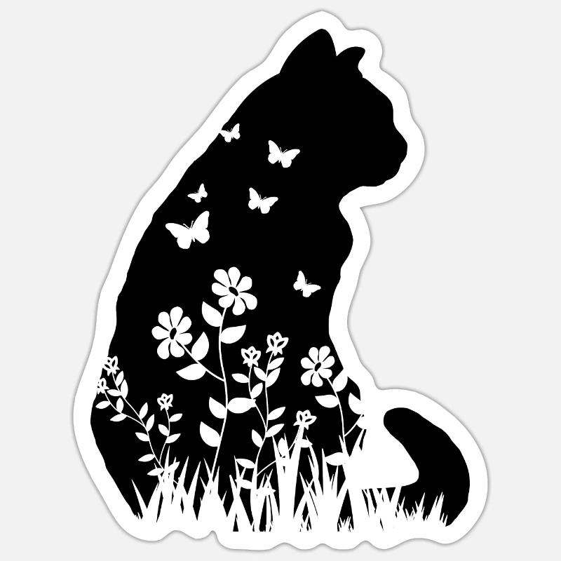 Nette Katze Blumenmuster Silhouette Katze Liebhaber Geschenk - Sticker Größe S (10 x 10 cm) - Mattweiß