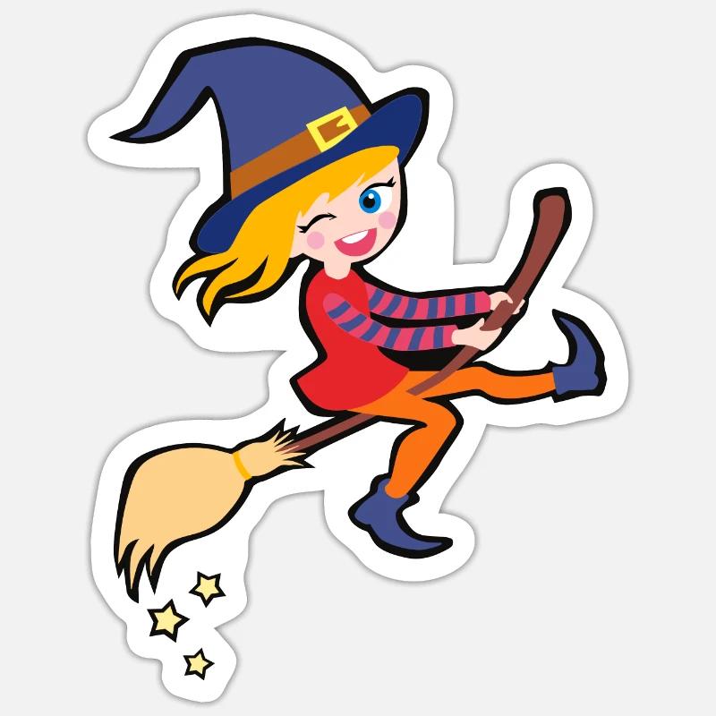 Sorcière mignonne et effrontée sur le balai - Sticker taille S (10 x 10 cm) - blanc mat