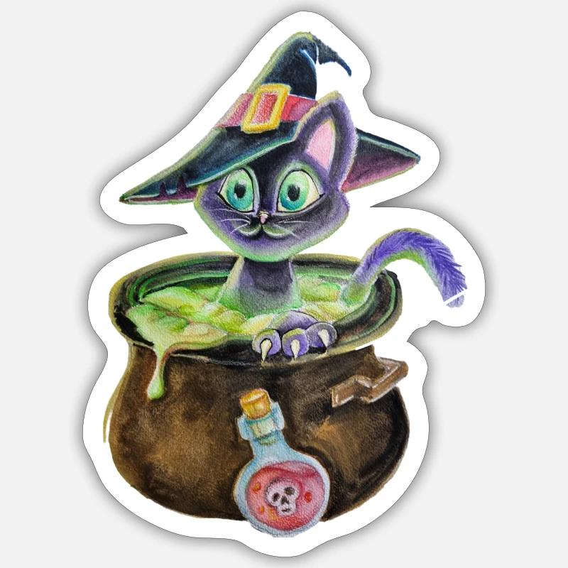 Chat sorcière dans une marmite Sticker taille S (10 x 10 cm)