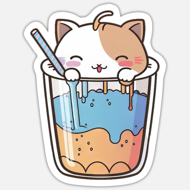 Kawaii Süße Glückliche bunte Katze Trinken Bubble Tea - Sticker Größe S (10 x 10 cm) - Mattweiß
