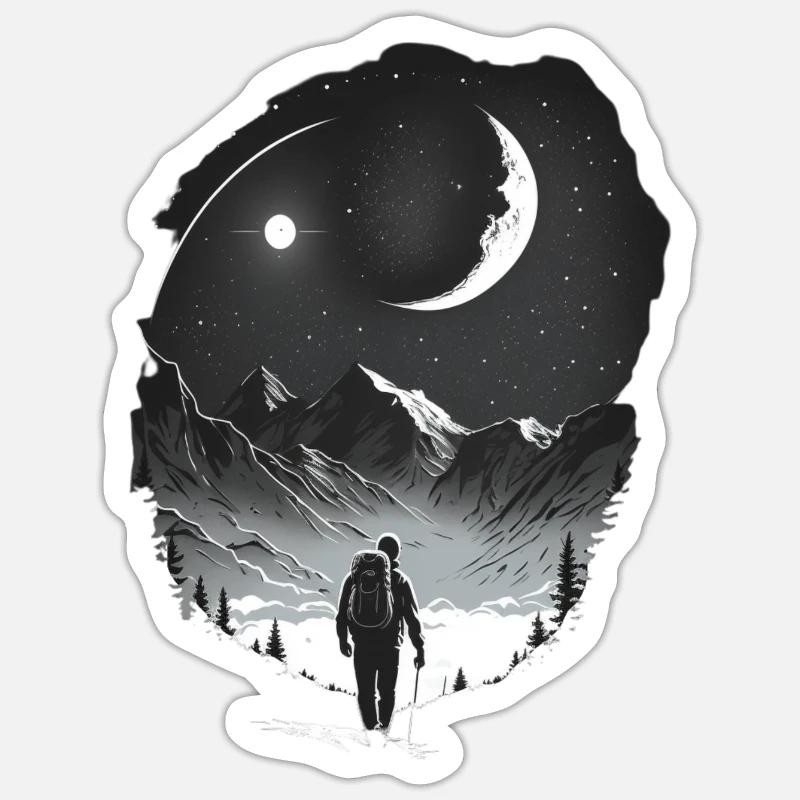 Wanderer bei Mondschein, Abenteuer, Backpacking - Sticker Größe S (10 x 10 cm) - Mattweiß