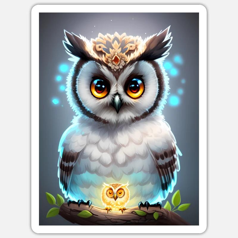 Süße Eule mit leichtender neon Aura & großen Augen - Sticker Größe S (10 x 10 cm) - Mattweiß