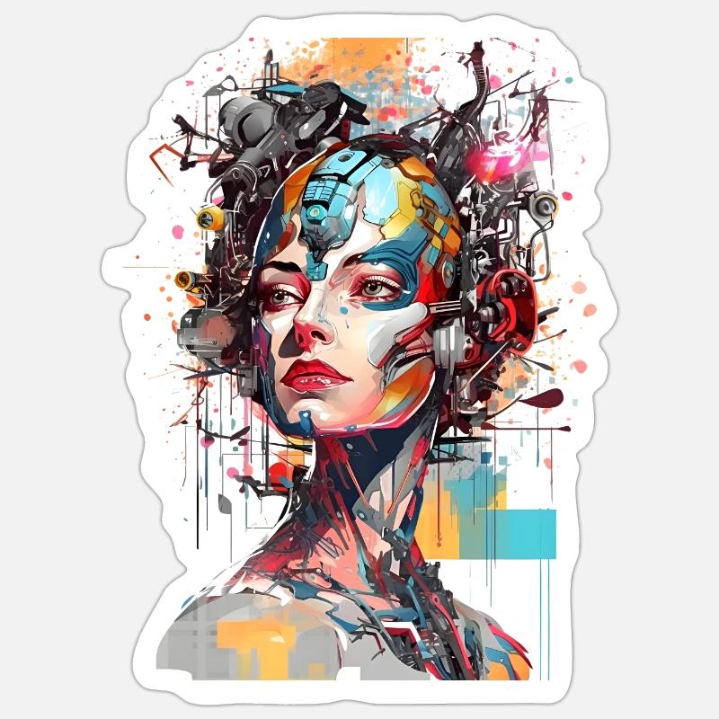Portrait eines weiblichen AI Androiden/Cyborg - Sticker Größe S (10 x 10 cm) - Mattweiß