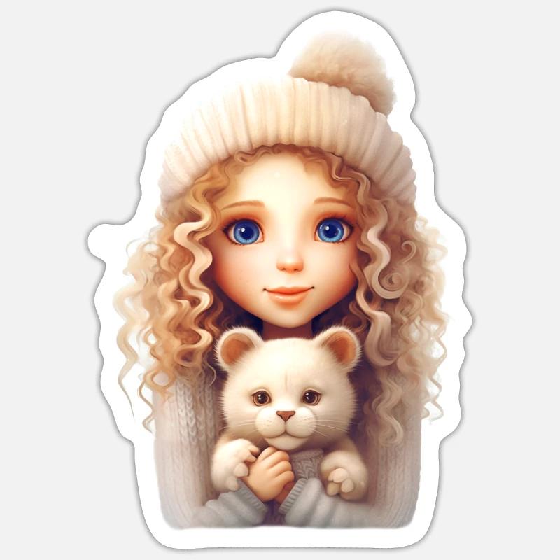 Mädchen mit Katze - Sticker Größe S (10 x 10 cm) - Mattweiß
