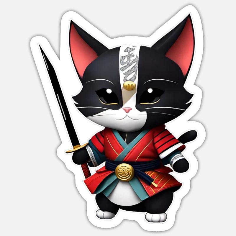 Mignon chat samouraï avec épée katana Sticker taille S (10 x 10 cm)