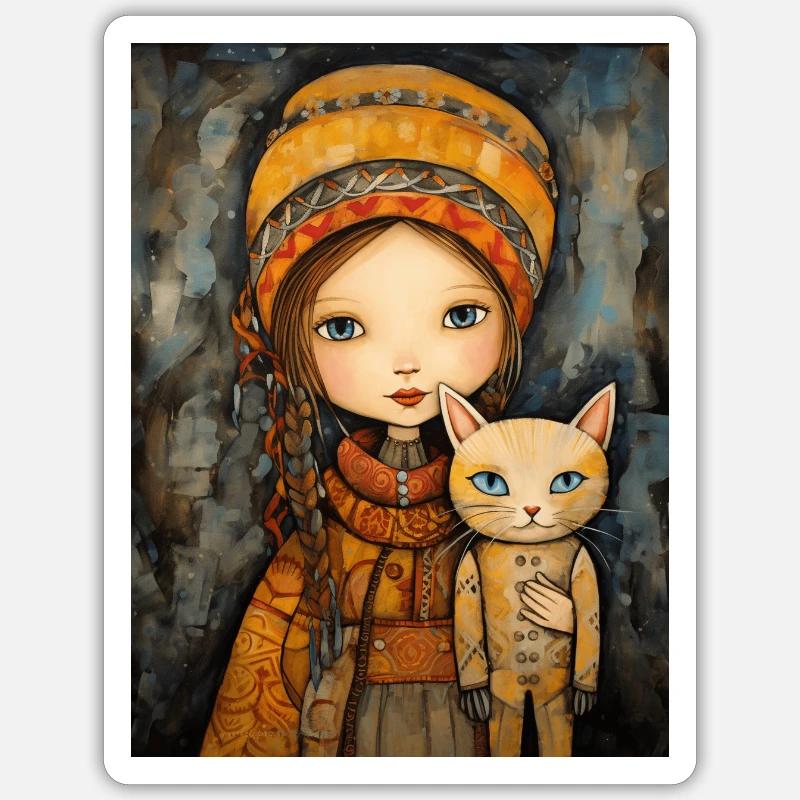 Fille avec de mignons chatons Sticker taille S (10 x 10 cm)