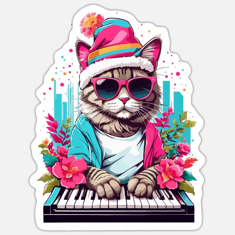 Chat mignon avec piano - Sticker taille S (10 x 10 cm) - blanc mat