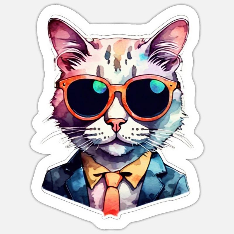chat lunette - mignon aquarelle - Sticker taille S (10 x 10 cm) - blanc mat