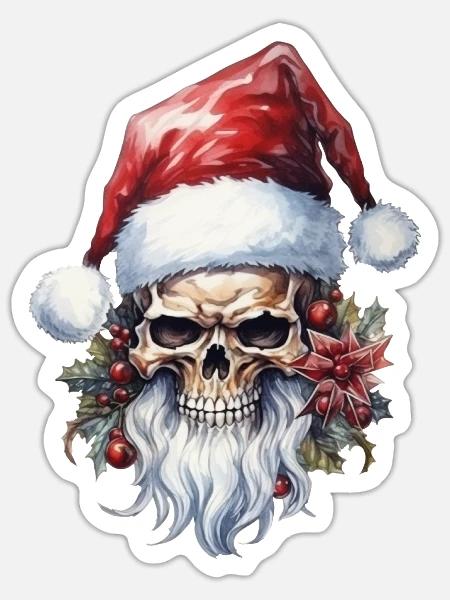 Totenkopf mit Weihnachtsmütze - Sticker Größe S (10 x 10 cm) - Mattweiß