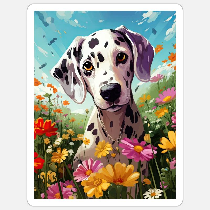 dalmatien mignon en fleurs - Sticker taille S (10 x 10 cm) - blanc mat