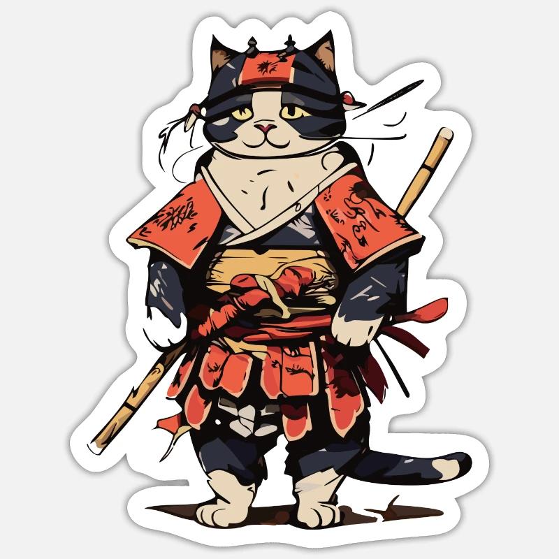 Chat samouraï - Sticker taille S (10 x 10 cm) - blanc mat