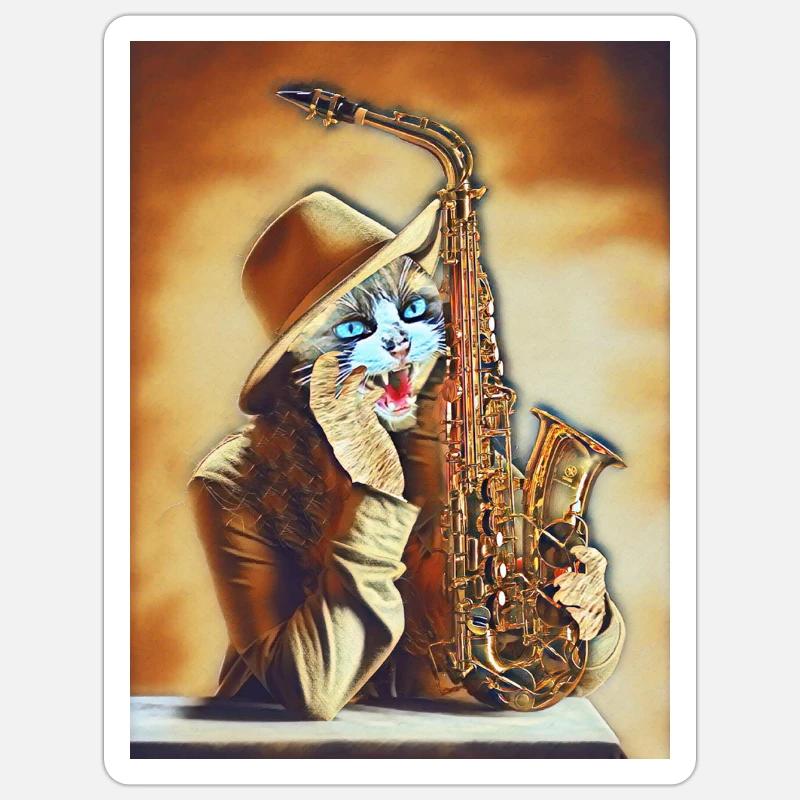 Chat qui joue du Saxo - Sticker taille S (10 x 10 cm) - blanc mat