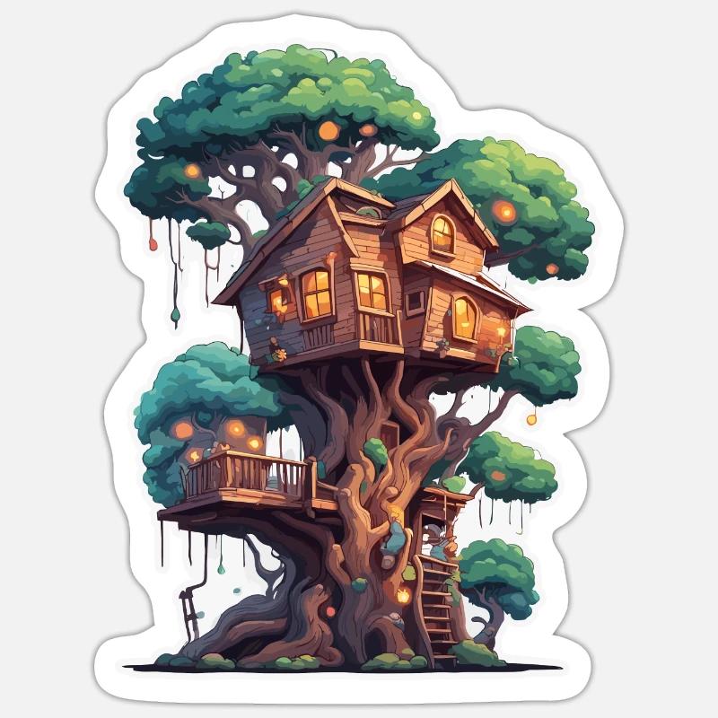 Baumhaus / Baumkrone / Baumhütte / Abenteuer - Sticker Größe S (10 x 10 cm) - Mattweiß